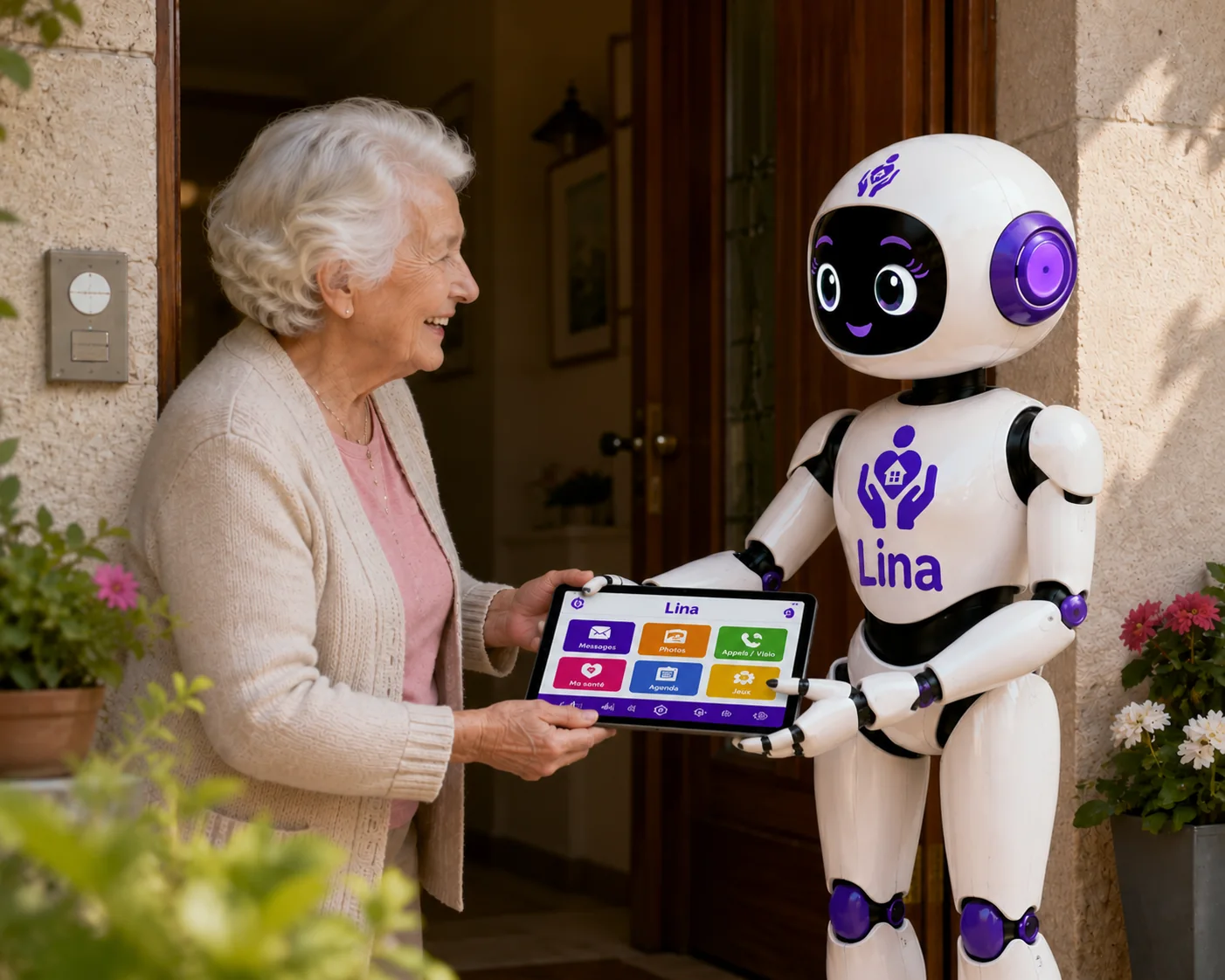 Lina, la mascotte de Présence+, remet la tablette à une personne âgée sur le pas de sa porte ; l’écran affiche de grandes touches Messages, Photos, Appels et Agenda